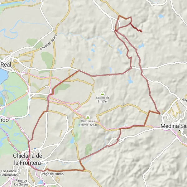 Miniatura della mappa di ispirazione al ciclismo "Avventura in bicicletta fuori strada intorno a Chiclana de la Frontera" nella regione di Andalucía, Spain. Generata da Tarmacs.app, pianificatore di rotte ciclistiche