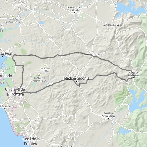 Miniatura della mappa di ispirazione al ciclismo "Tour in bicicletta panoramico da Chiclana de la Frontera" nella regione di Andalucía, Spain. Generata da Tarmacs.app, pianificatore di rotte ciclistiche