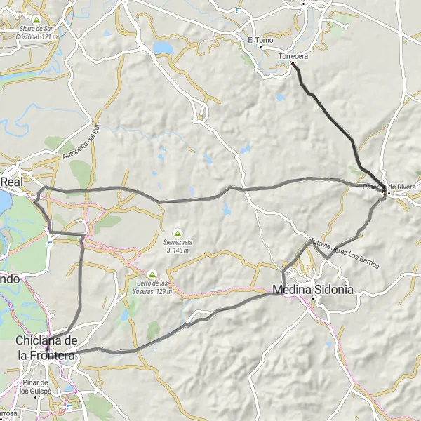 Miniatura della mappa di ispirazione al ciclismo "Tour in bicicletta verso Jarana e Paterna de Rivera (Strada, 100 km)" nella regione di Andalucía, Spain. Generata da Tarmacs.app, pianificatore di rotte ciclistiche