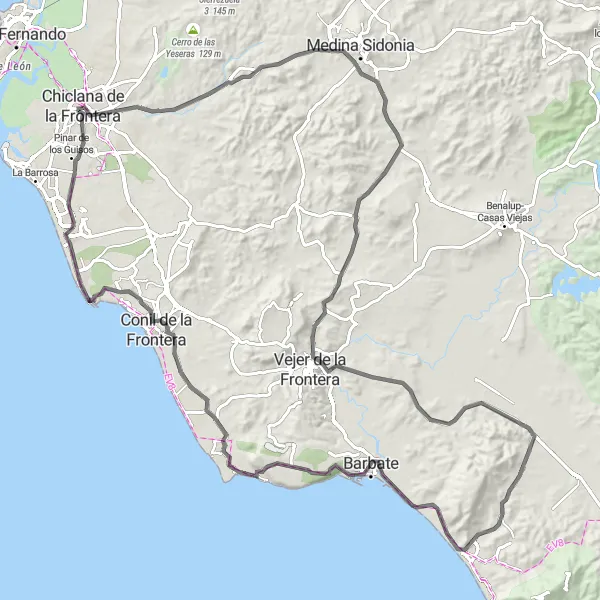 Map miniature of "Chiclana de la Frontera to Tarifa Loop" cycling inspiration in Andalucía, Spain. Generated by Tarmacs.app cycling route planner