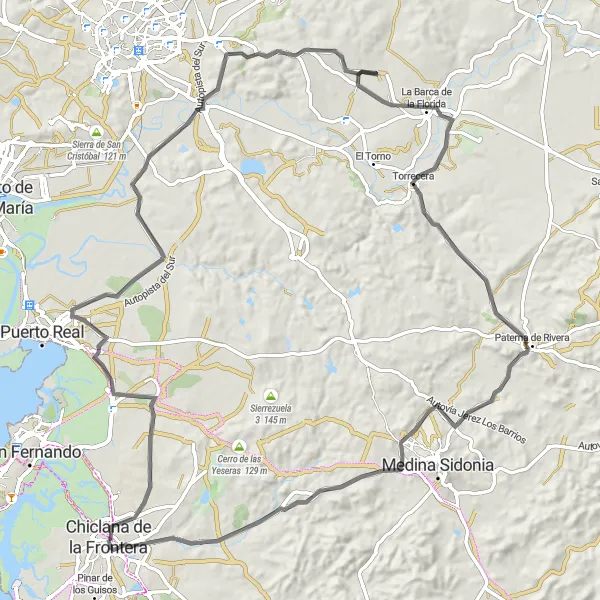 Miniature de la carte de l'inspiration cycliste "Tour panoramique de Chiclana" dans la Andalucía, Spain. Générée par le planificateur d'itinéraire cycliste Tarmacs.app