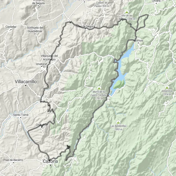 Map miniature of "Sierras de Cazorla Road Challenge" cycling inspiration in Andalucía, Spain. Generated by Tarmacs.app cycling route planner