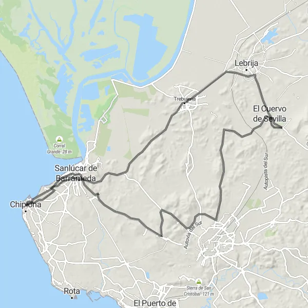 Miniatua del mapa de inspiración ciclista "Ruta hacia El Cuervo de Sevilla desde Chipiona" en Andalucía, Spain. Generado por Tarmacs.app planificador de rutas ciclistas