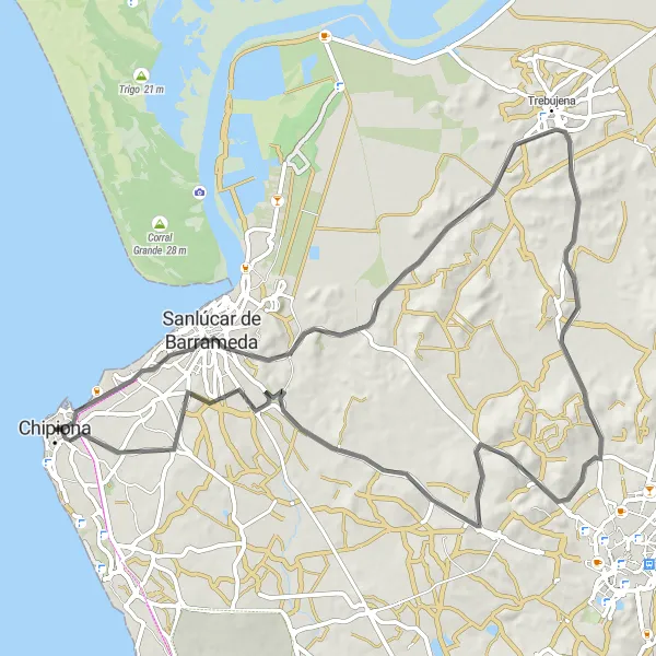 Miniatua del mapa de inspiración ciclista "Ruta entre Chipiona y Sanlúcar de Barrameda" en Andalucía, Spain. Generado por Tarmacs.app planificador de rutas ciclistas