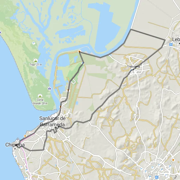 Miniatura della mappa di ispirazione al ciclismo "Ciclabile di 90 km da Chipiona" nella regione di Andalucía, Spain. Generata da Tarmacs.app, pianificatore di rotte ciclistiche