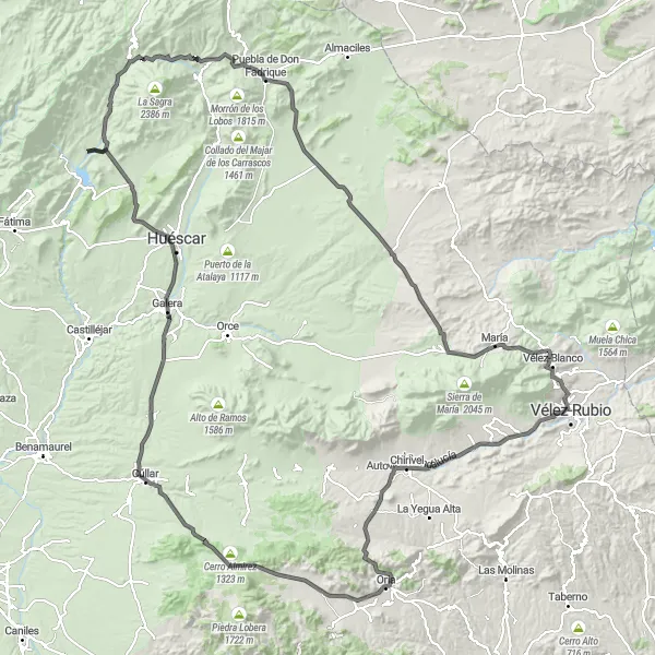 Miniatura mapy "Wspaniała kontracja - El Fontanal - Oria - Peñón Rajado - La Torre del Alabi y Ermita - Galera - Mirador del Cerro de la Virgen - Cerro de la Cruz - Puebla de Don Fadrique - María - Castillo de Vélez-Blanco - Cerro de las Ánimas - Chirivel" - trasy rowerowej w Andalucía, Spain. Wygenerowane przez planer tras rowerowych Tarmacs.app