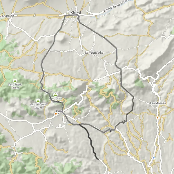 Miniatura della mappa di ispirazione al ciclismo "Escursione in bici di 57 km da Chirivel" nella regione di Andalucía, Spain. Generata da Tarmacs.app, pianificatore di rotte ciclistiche