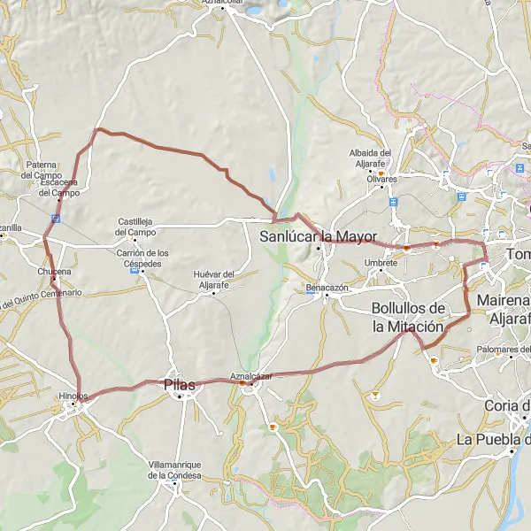 Miniatura della mappa di ispirazione al ciclismo "Giro in gravèl di 83 km partendo da Chucena" nella regione di Andalucía, Spain. Generata da Tarmacs.app, pianificatore di rotte ciclistiche