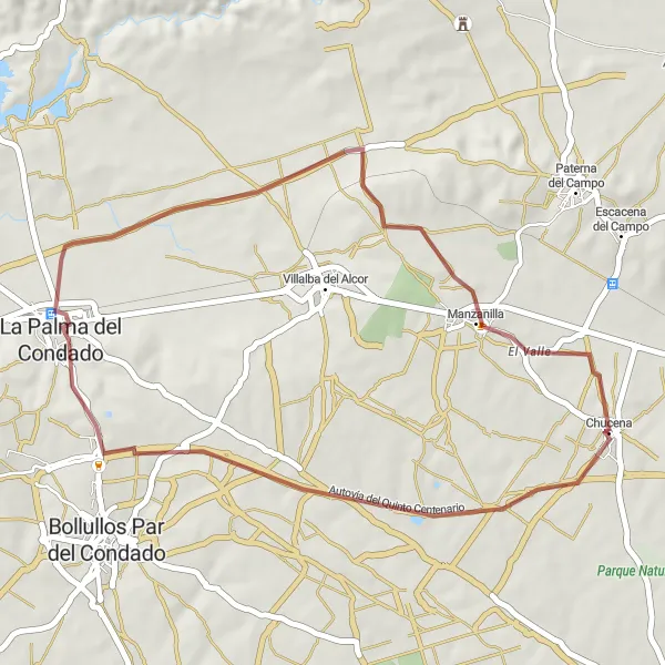 Miniaturní mapa "Gravel Route to La Palma del Condado and Manzanilla" inspirace pro cyklisty v oblasti Andalucía, Spain. Vytvořeno pomocí plánovače tras Tarmacs.app