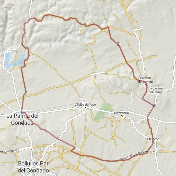 Miniature de la carte de l'inspiration cycliste "Parcours de Chucena à Paterna del Campo" dans la Andalucía, Spain. Générée par le planificateur d'itinéraire cycliste Tarmacs.app