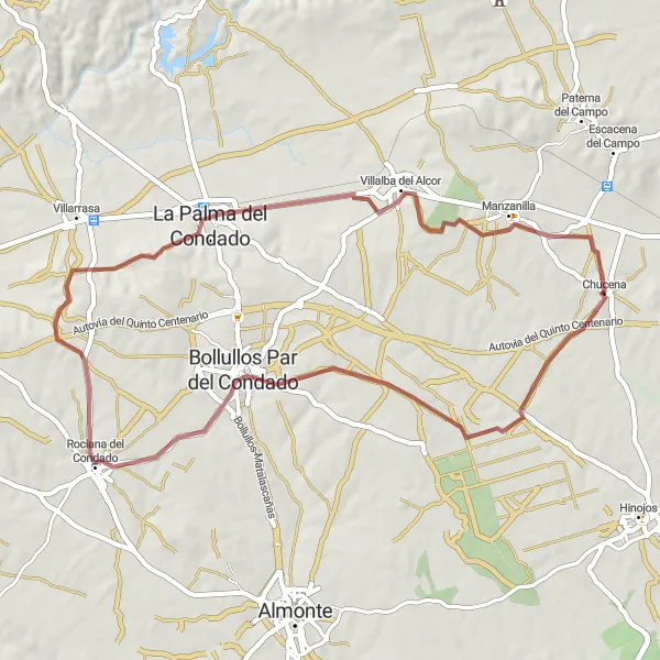 Miniaturní mapa "Gravelová výzva kolem Chucena a Manzanilly" inspirace pro cyklisty v oblasti Andalucía, Spain. Vytvořeno pomocí plánovače tras Tarmacs.app