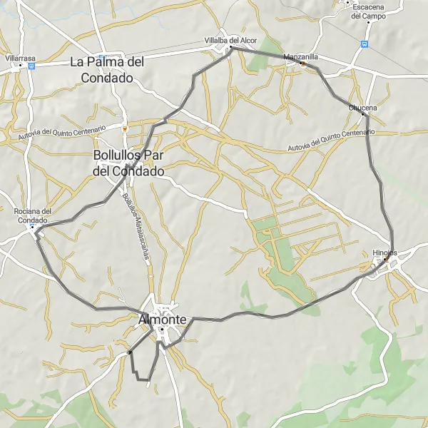 Miniatura della mappa di ispirazione al ciclismo "Road Tour from Hinojos to Chucena" nella regione di Andalucía, Spain. Generata da Tarmacs.app, pianificatore di rotte ciclistiche