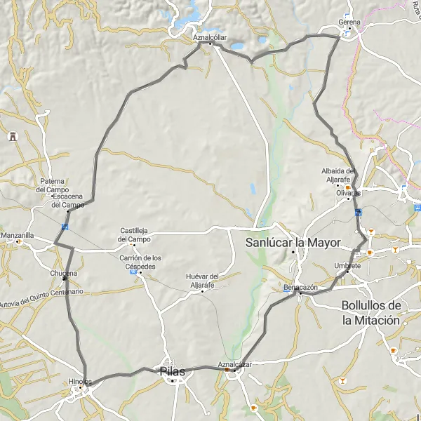 Miniature de la carte de l'inspiration cycliste "Circuit Road vers Benacazón" dans la Andalucía, Spain. Générée par le planificateur d'itinéraire cycliste Tarmacs.app