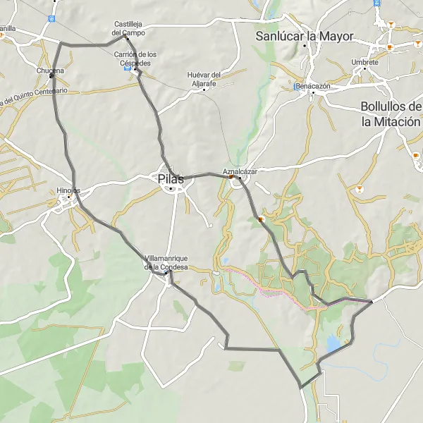 Miniaturní mapa "Okruh kolem Chucena a Villamanrique de la Condesa" inspirace pro cyklisty v oblasti Andalucía, Spain. Vytvořeno pomocí plánovače tras Tarmacs.app
