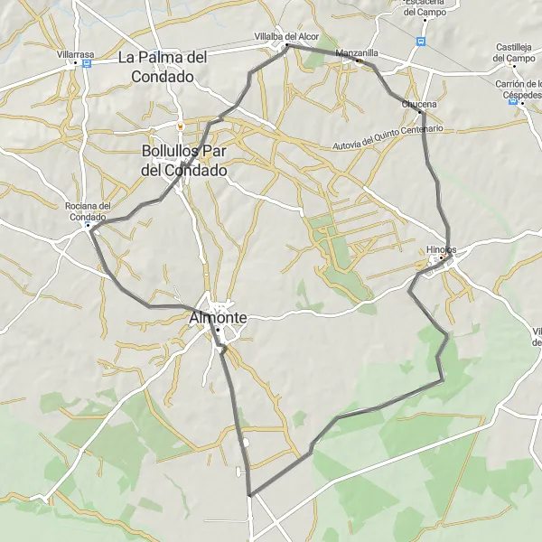 Miniatura della mappa di ispirazione al ciclismo "Escursione in bicicletta di 75 km nei dintorni di Chucena" nella regione di Andalucía, Spain. Generata da Tarmacs.app, pianificatore di rotte ciclistiche