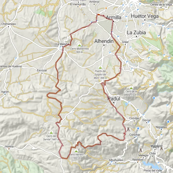 Miniatura della mappa di ispirazione al ciclismo "Ciclismo Fuori Strada tra Colline e Montagne" nella regione di Andalucía, Spain. Generata da Tarmacs.app, pianificatore di rotte ciclistiche