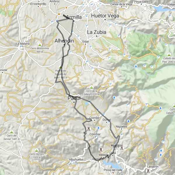 Miniatura della mappa di ispirazione al ciclismo "Esplorazione in bici di Churriana de la Vega e Armilla" nella regione di Andalucía, Spain. Generata da Tarmacs.app, pianificatore di rotte ciclistiche