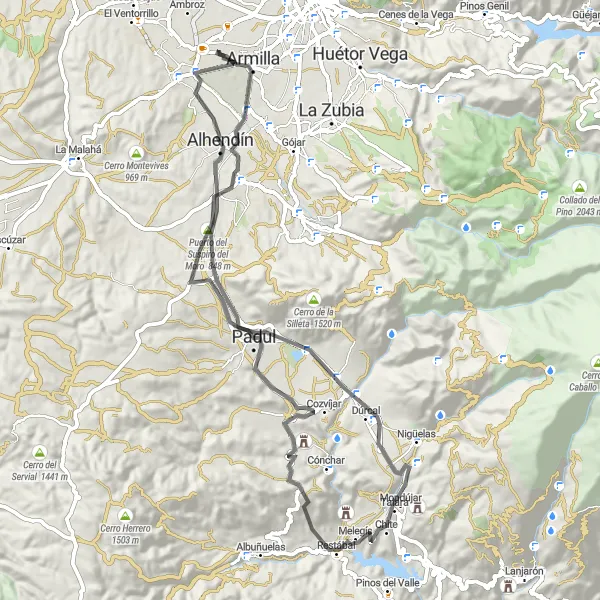 Miniatuurkaart van de fietsinspiratie "Ontdekkingstocht door Otura en Armilla" in Andalucía, Spain. Gemaakt door de Tarmacs.app fietsrouteplanner