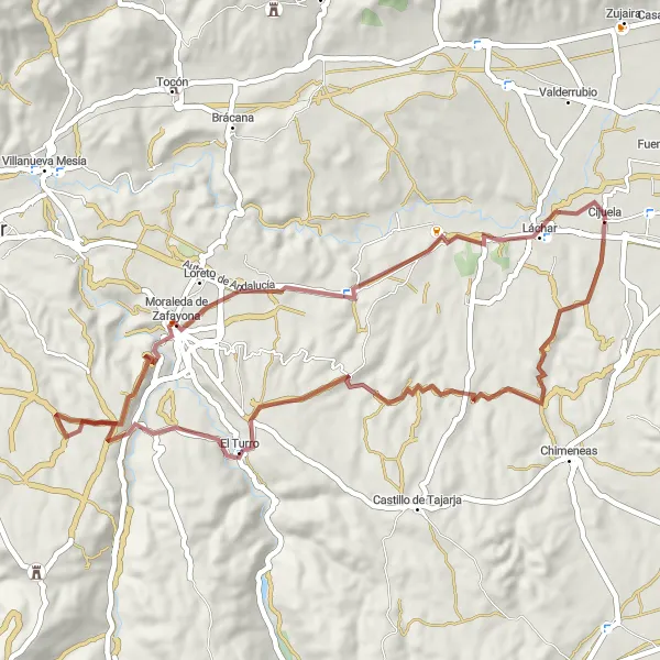 Miniatura della mappa di ispirazione al ciclismo "Percorso in bicicletta da El Turro a Cijuela" nella regione di Andalucía, Spain. Generata da Tarmacs.app, pianificatore di rotte ciclistiche