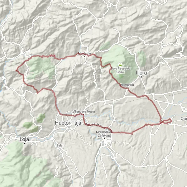 Miniatura della mappa di ispirazione al ciclismo "Gravel tra Villaggi e Punti Panoramici" nella regione di Andalucía, Spain. Generata da Tarmacs.app, pianificatore di rotte ciclistiche