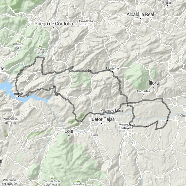Miniaturní mapa "Cyklistická trasa Road s výstupem 2979 metrů a vzdáleností 160 km" inspirace pro cyklisty v oblasti Andalucía, Spain. Vytvořeno pomocí plánovače tras Tarmacs.app