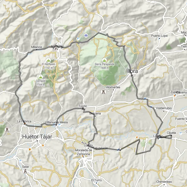 Miniatura della mappa di ispirazione al ciclismo "Rotta Panoramica attraverso Montagne e Villaggi" nella regione di Andalucía, Spain. Generata da Tarmacs.app, pianificatore di rotte ciclistiche