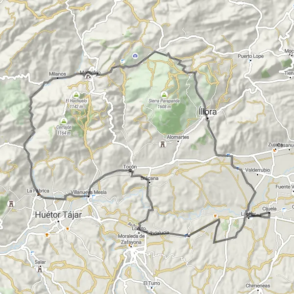 Map miniature of "Road Route: Fuensanta to Montefrío" cycling inspiration in Andalucía, Spain. Generated by Tarmacs.app cycling route planner