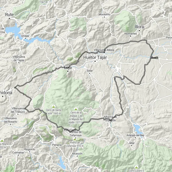 Miniatura della mappa di ispirazione al ciclismo "Esplorazione Panoramica tra Montagne e Mirador" nella regione di Andalucía, Spain. Generata da Tarmacs.app, pianificatore di rotte ciclistiche