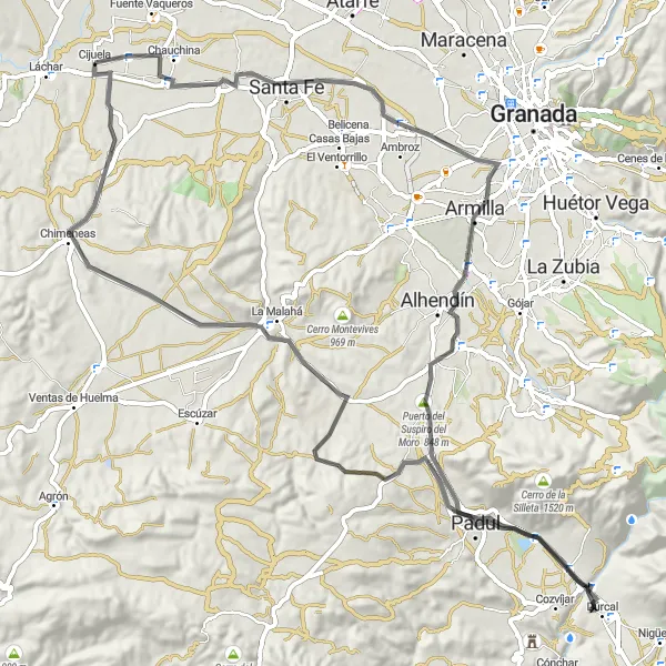 Map miniature of "The Romilla Loop" cycling inspiration in Andalucía, Spain. Generated by Tarmacs.app cycling route planner