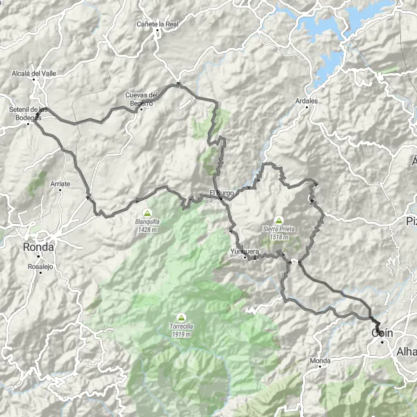 Miniaturní mapa "Road trasa přes Yunquera, Cerro del Viento a další" inspirace pro cyklisty v oblasti Andalucía, Spain. Vytvořeno pomocí plánovače tras Tarmacs.app