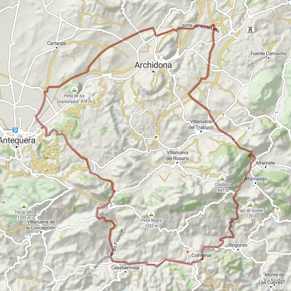 Miniatura della mappa di ispirazione al ciclismo "Percorso gravel tra Colmenar e Casabermeja" nella regione di Andalucía, Spain. Generata da Tarmacs.app, pianificatore di rotte ciclistiche