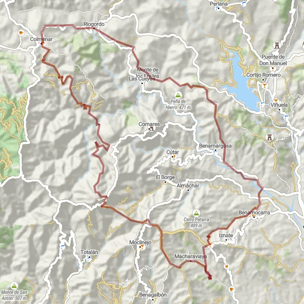 Map miniature of "Colmenar - Riogordo - Peña de Hierro - Benamocarra - Macharaviaya - Colmenar" cycling inspiration in Andalucía, Spain. Generated by Tarmacs.app cycling route planner