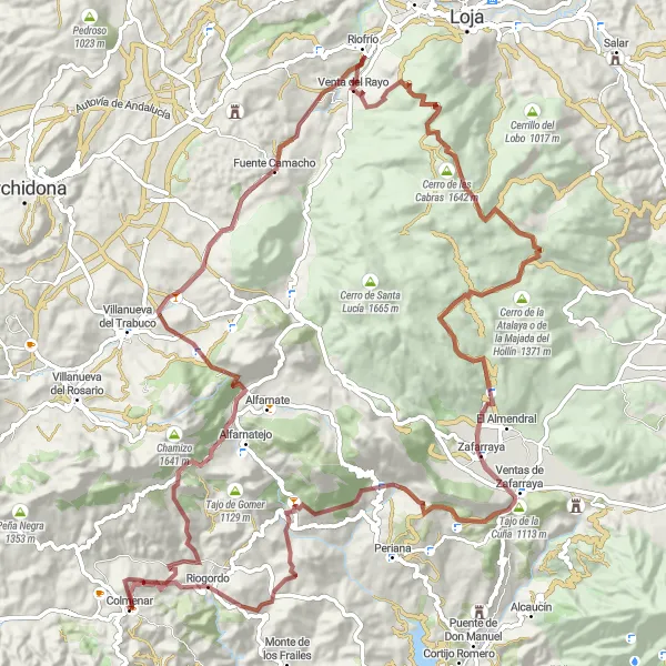 Map miniature of "Colmenar - Castellón - Cerro de la Encina - Zafarraya - Puerto de Zafarraya - Riogordo" cycling inspiration in Andalucía, Spain. Generated by Tarmacs.app cycling route planner