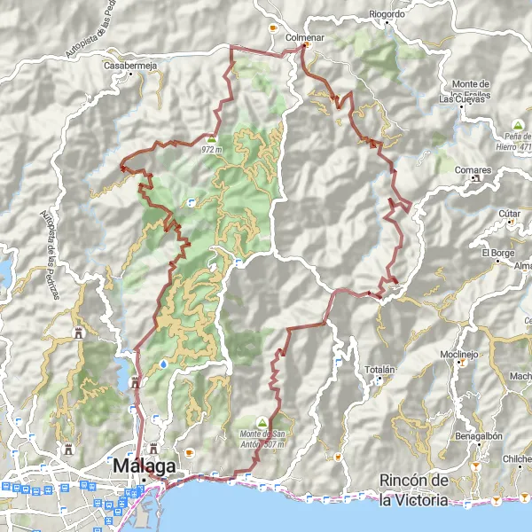 Miniatua del mapa de inspiración ciclista "Ruta de Grava desde Colmenar a Balneario Baños del Carmen" en Andalucía, Spain. Generado por Tarmacs.app planificador de rutas ciclistas
