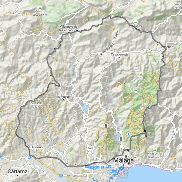 Miniatua del mapa de inspiración ciclista "Ruta de Carretera desde Colmenar a Cerro de la Tortuga" en Andalucía, Spain. Generado por Tarmacs.app planificador de rutas ciclistas