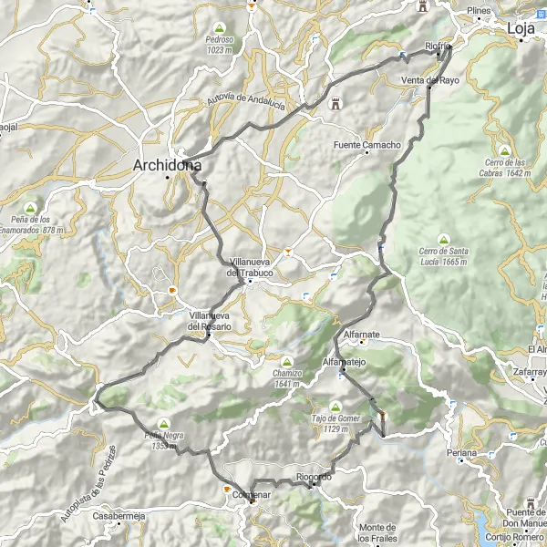Miniatua del mapa de inspiración ciclista "Ruta de Carretera desde Colmenar a Los Alazores" en Andalucía, Spain. Generado por Tarmacs.app planificador de rutas ciclistas