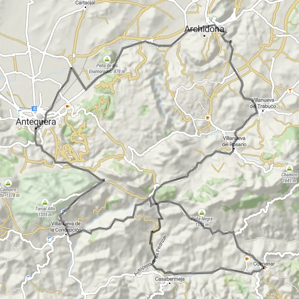 Miniatua del mapa de inspiración ciclista "Ruta de Carretera desde Colmenar a Peña de los Enamorados" en Andalucía, Spain. Generado por Tarmacs.app planificador de rutas ciclistas