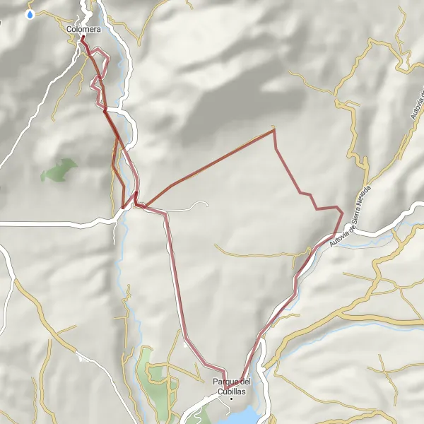 Miniaturní mapa "Gravelová cyklistická trasa okolo Colomery" inspirace pro cyklisty v oblasti Andalucía, Spain. Vytvořeno pomocí plánovače tras Tarmacs.app