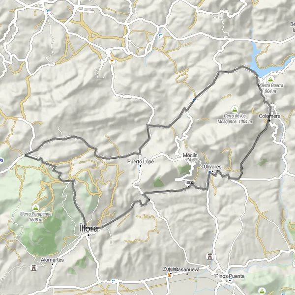 Map miniature of "Andalusian Hilltops: Scenic Road Cycling Challenge" cycling inspiration in Andalucía, Spain. Generated by Tarmacs.app cycling route planner