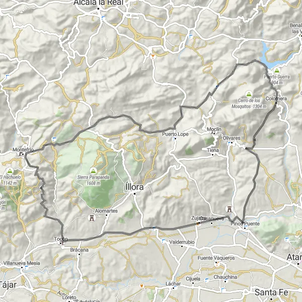 Karten-Miniaturansicht der Radinspiration "Erkunde die beeindruckende Umgebung von Colomera auf dieser 88 km langen Straßenroute" in Andalucía, Spain. Erstellt vom Tarmacs.app-Routenplaner für Radtouren