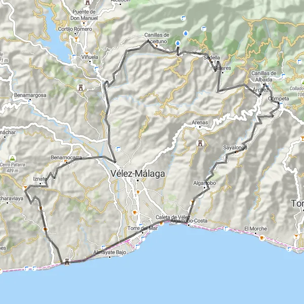 Miniatua del mapa de inspiración ciclista "Ruta de montaña en Cómpeta y alrededores" en Andalucía, Spain. Generado por Tarmacs.app planificador de rutas ciclistas