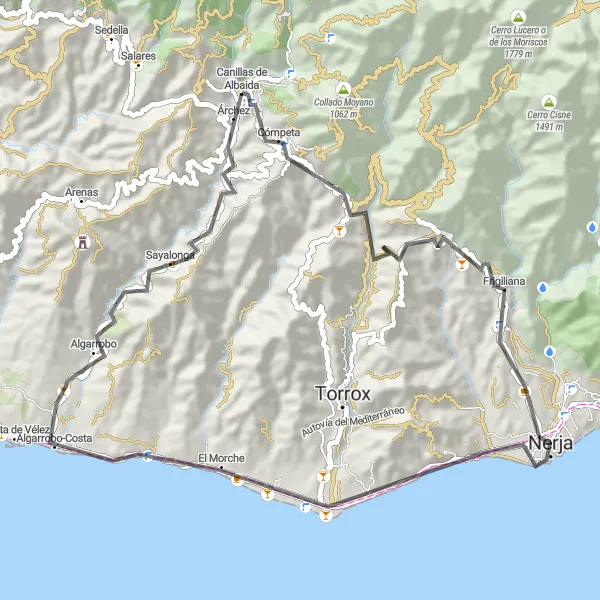 Map miniature of "Cómpeta to Nerja" cycling inspiration in Andalucía, Spain. Generated by Tarmacs.app cycling route planner