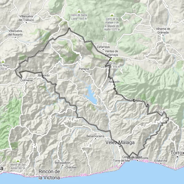 Map miniature of "Road Cycling Challenge" cycling inspiration in Andalucía, Spain. Generated by Tarmacs.app cycling route planner