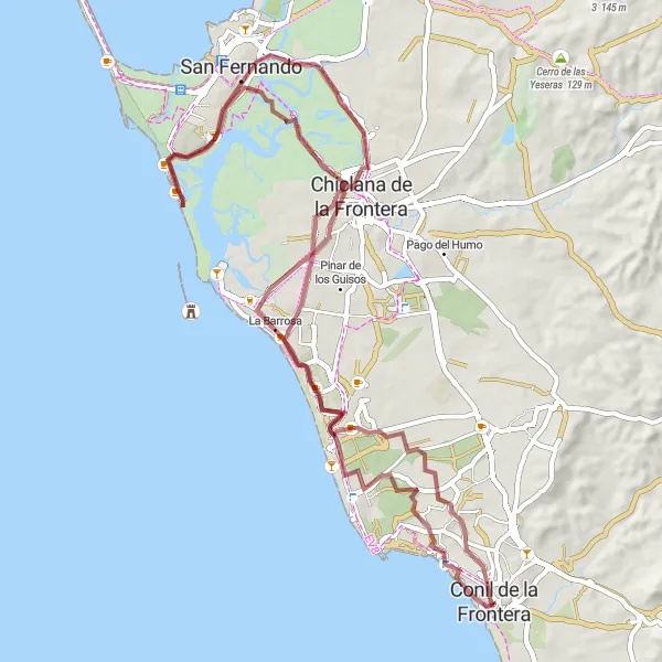 Miniatua del mapa de inspiración ciclista "Aventura hacia Chiclana de la Frontera" en Andalucía, Spain. Generado por Tarmacs.app planificador de rutas ciclistas