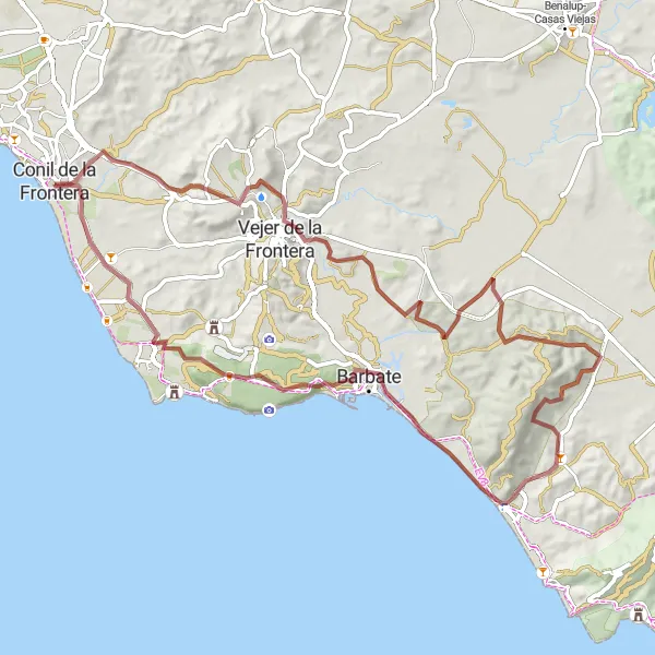 Miniatua del mapa de inspiración ciclista "Ruta por la Costa Gaditana" en Andalucía, Spain. Generado por Tarmacs.app planificador de rutas ciclistas