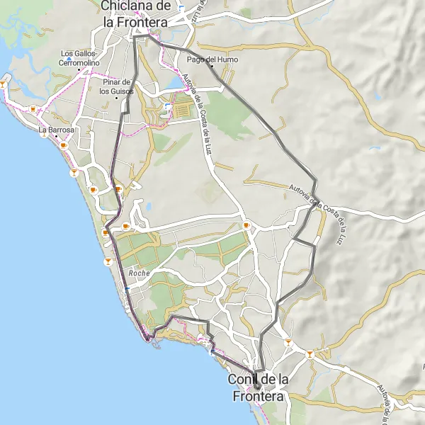Miniatua del mapa de inspiración ciclista "Ruta de las Calas de Roche" en Andalucía, Spain. Generado por Tarmacs.app planificador de rutas ciclistas