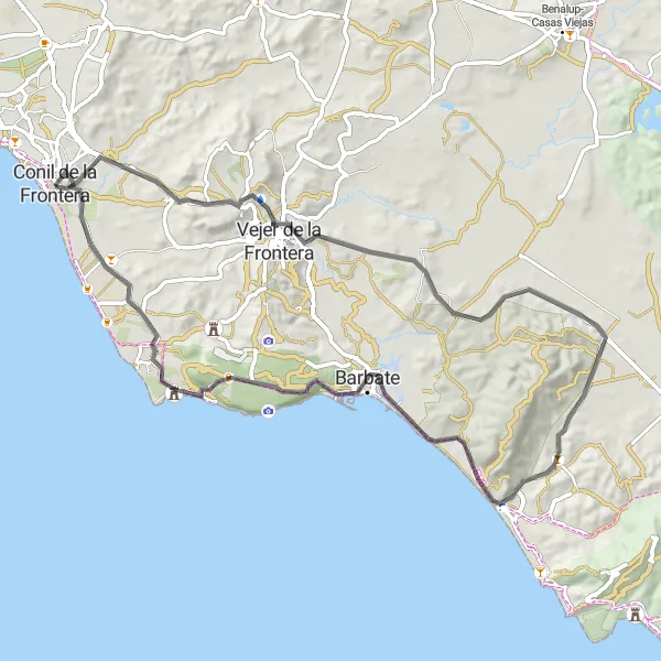 Karten-Miniaturansicht der Radinspiration "Radtour entlang der Küste von Barbate" in Andalucía, Spain. Erstellt vom Tarmacs.app-Routenplaner für Radtouren