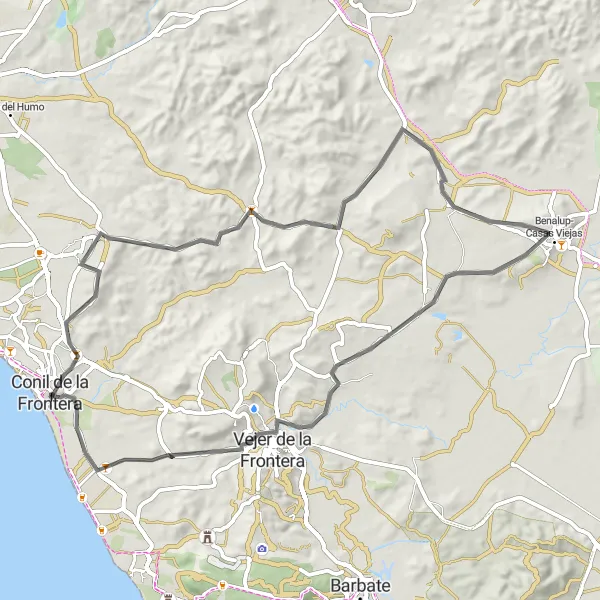 Miniatua del mapa de inspiración ciclista "Ruta hacia Castillo de Vejer" en Andalucía, Spain. Generado por Tarmacs.app planificador de rutas ciclistas