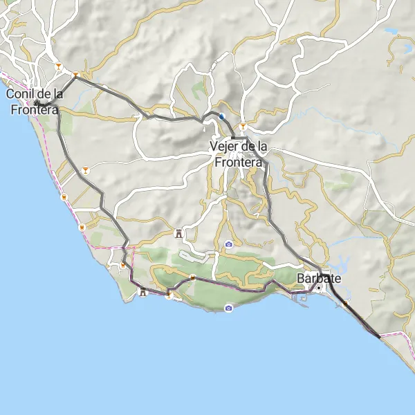 Miniatua del mapa de inspiración ciclista "Ruta de las Playas de Barbate" en Andalucía, Spain. Generado por Tarmacs.app planificador de rutas ciclistas
