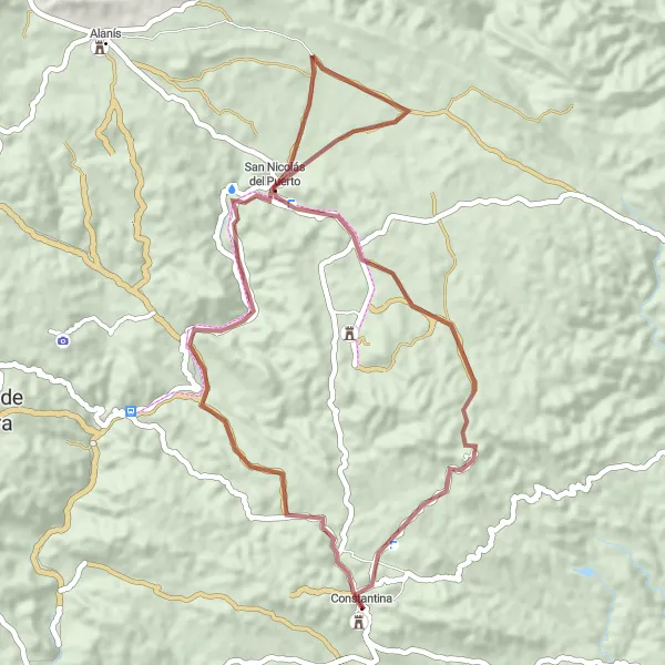 Miniaturní mapa "Gravelová cesta okolo Constantiny" inspirace pro cyklisty v oblasti Andalucía, Spain. Vytvořeno pomocí plánovače tras Tarmacs.app